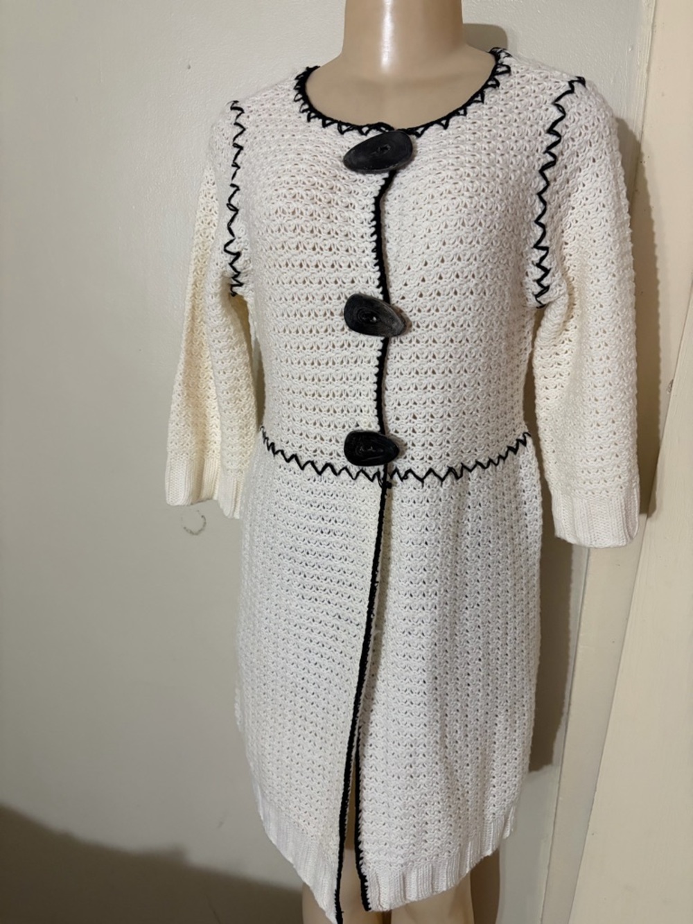 Cream Crochet Long-Sleeve Button-Front Dress with Black Trim